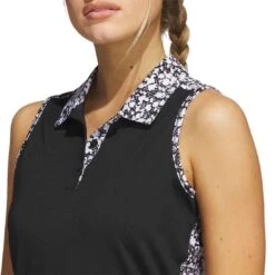 Adidas Women's Ultimate365 Printed Sleeveless Polo -Silver Putters adidas ss23 womens ultimate365 printed sleeveless polo black detail itempicture